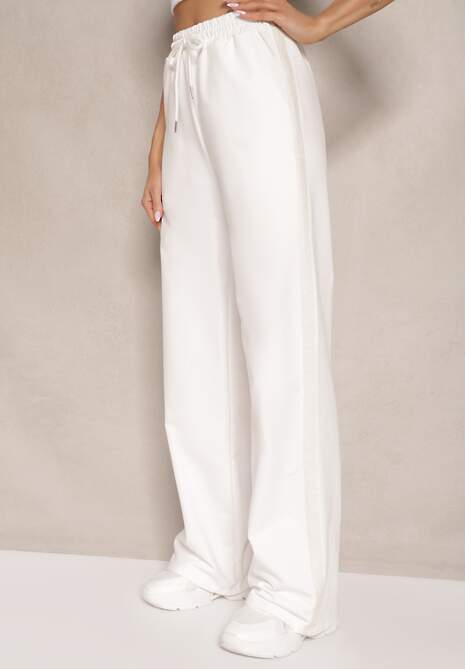 Białe Szerokie Spodnie Dresowe z Bawełny Zdobione Lampasami Szerokie Spodnie Dresowe z Bawełny Zdobione Lampasami Alanovia