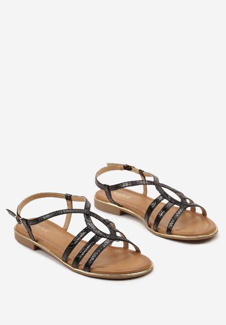 Czarne Sandały na Płaskiej Podeszwie z Ozdobnymi Paskami Zapinanymi na Sprzączkę Rines