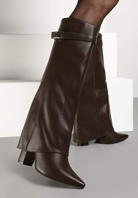 Brązowe Kozaki na Obcasie z Modnie Wywiniętą Cholewką Nartani