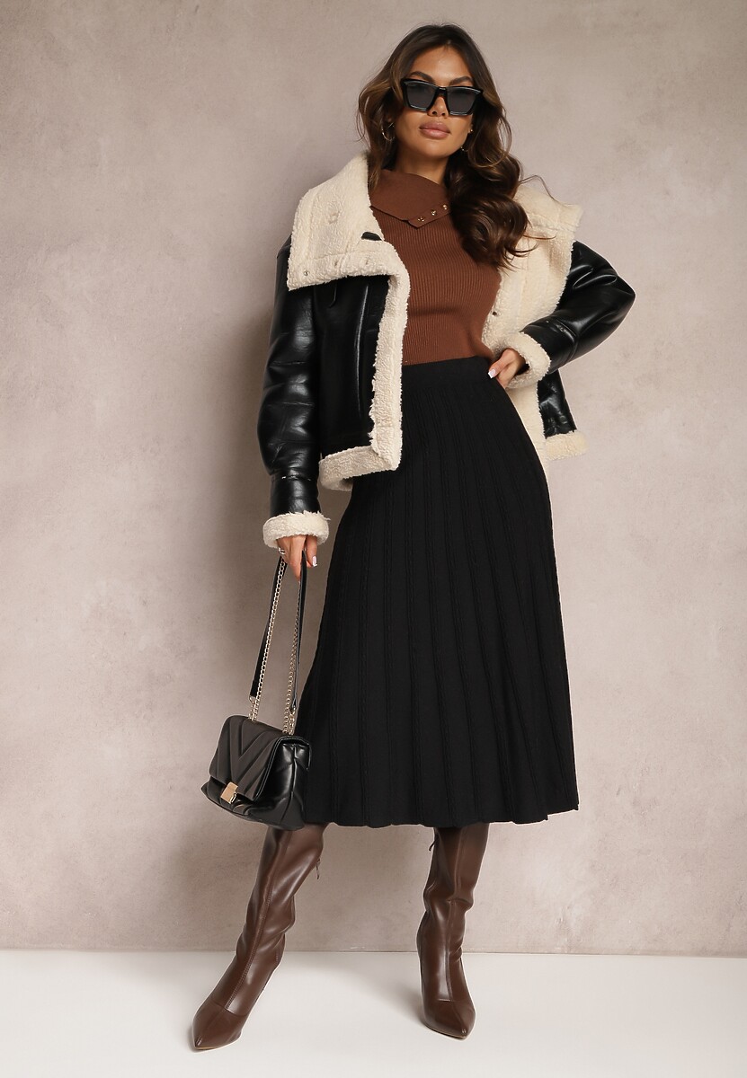 Czarna Dzianinowa Spódnica Trapezowa Midi Arion