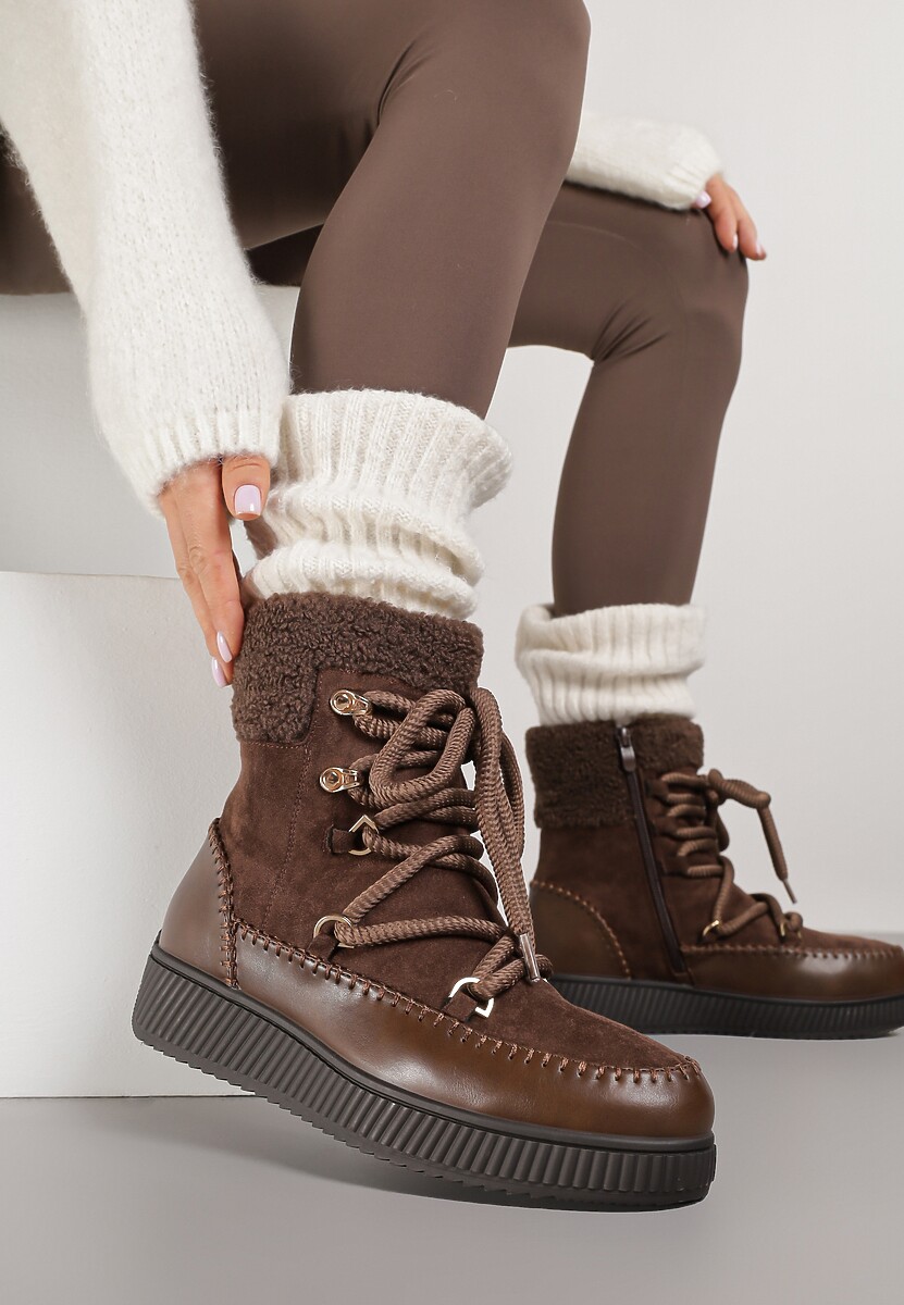 Brązowe Śniegowce Zdobione Futrem i Przeszyciami Genilea