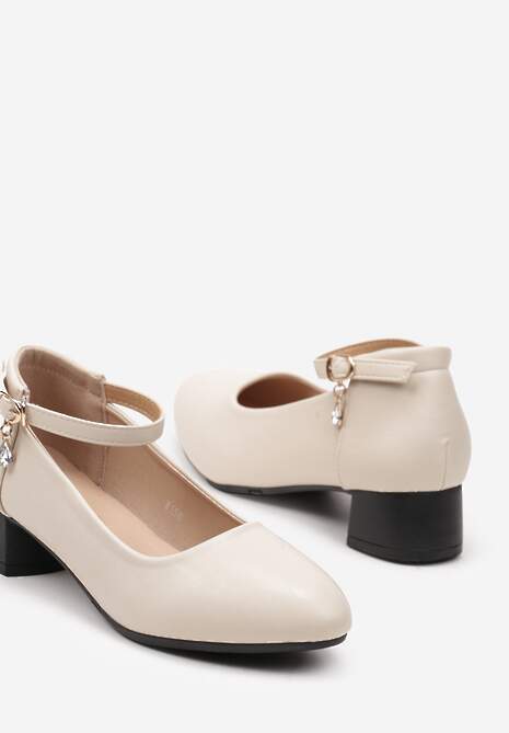 Beżowe Płaskie Czółenka z Imitacji Skóry Zapinane na Sprzączkę Ozeila