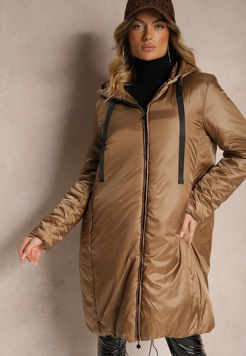 Czarna Długa Kurtka o Prostym Kroju z Kapturem Ściągaczami i Kieszeniami Salenith