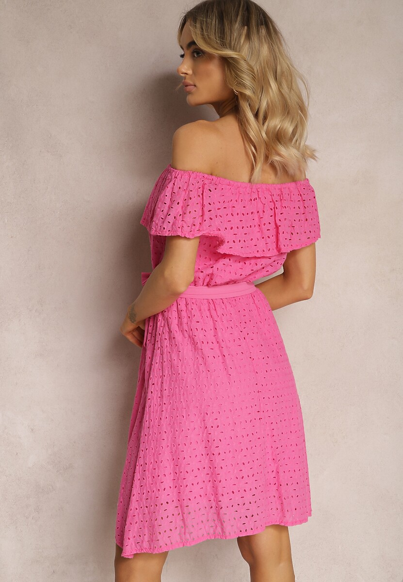 Fuksjowa Haftowana Sukienka Typu Hiszpanka z Gumką i Paskiem w Talii Qira