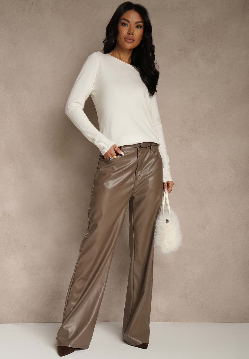 Biały Gładki Sweter w Minimalistycznym Stylu Tevra