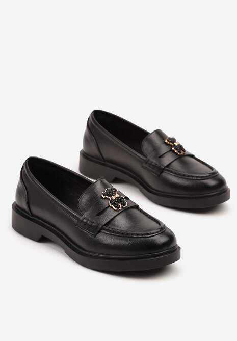 Czarne Mokasyny ze Skórzaną Wkładką i Ozdobą Meralitia