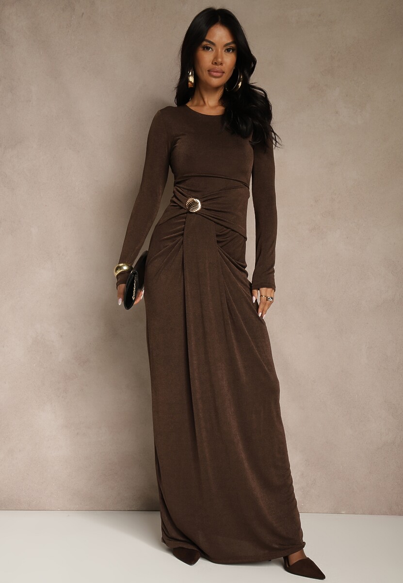 Brązowa Marszczona Sukienka Koktajlowa Zdobiona Aplikacją w Talii Siweda