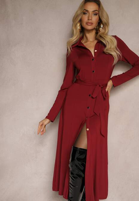 Bordowa Długa Sukienka Koszulowa z Wiązaniem w Talii Levae