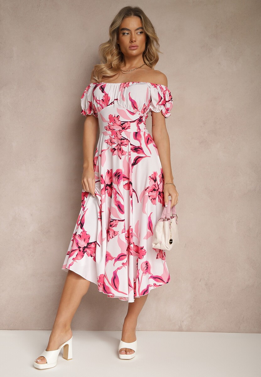 Jasnobeżowa Sukienka z Bawełną Rozkloszowana w Kwiatowy Print z Dekoltem Łódką Annirna