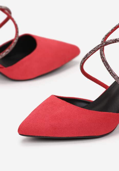 Czerwone Czółenka na Słupku z Paskami z Cyrkoniami i Szpiczastymi Noskami Jarise