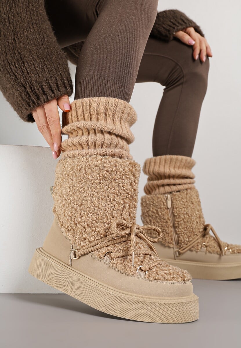 Ciemnobeżowe Śniegowce z Futerkiem Typu Teddy Allere