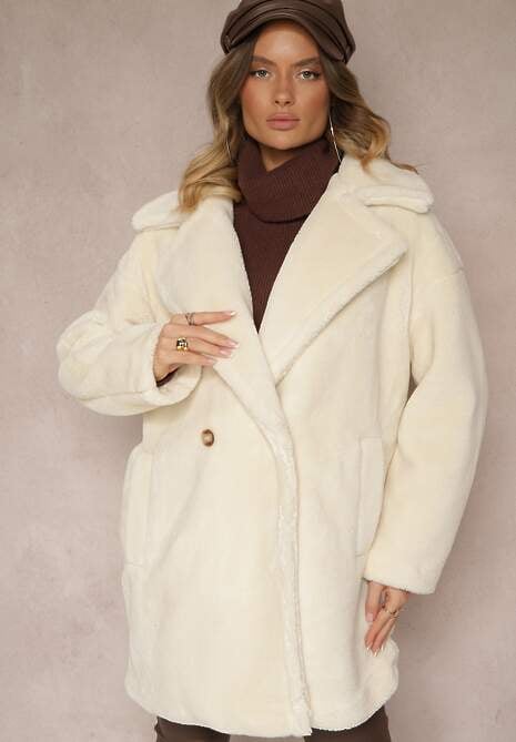 Jasnobeżowy Dwurzędowy Płaszcz Futrzany o Długim Kroju Typu Teddy Malwika