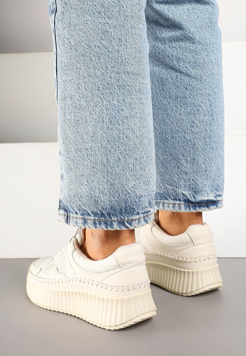 Beżowe Sneakersy z Przeszyciami i Skórzaną Wkładką na Grubej Podeszwie Daliren