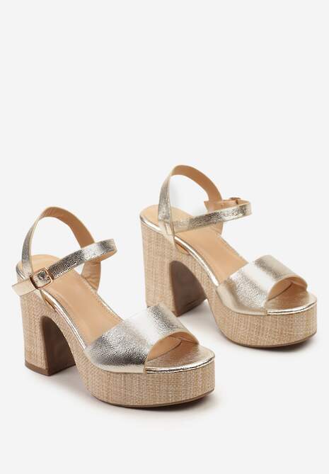 Złote Wysokie Sandały na Słupku i Platformie Zapinane na Sprzączkę Walower