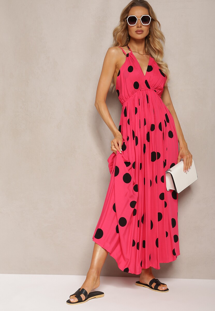 Fuksjowa Wiskozowa Sukienka z Gumką w Pasie i Wiązaniem na Szyi i Plecach Kamaries