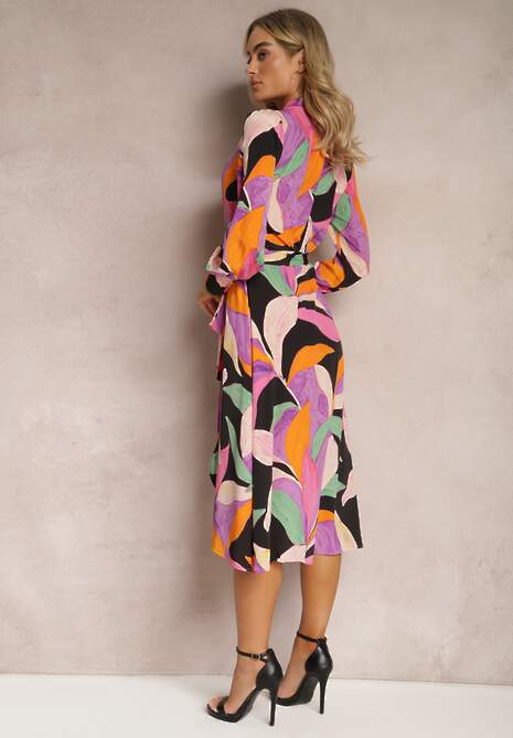 Czarno-Różowa Rozkloszowana Sukienka Midi z Kopertowym Dekoltem z Paskiem i Abstrakcyjnym Wzorem Orabella