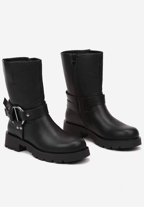 Czarne Botki Bikery na Płaskiej Podeszwie z Ozdobnymi Paskami i Klamrami Nialese