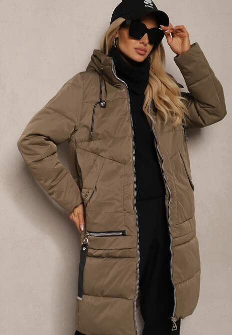 Ciemnozielona Kurtka z Pikowaniem o Prostym Fasonie z Kapturem Kieszeniami i Ozdobnym Suwakiem Mirimae