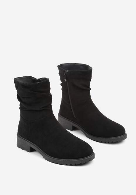 Czarne Botki z Imitacji Zamszu z Marszczoną Cholewką do Kostki Ilora
