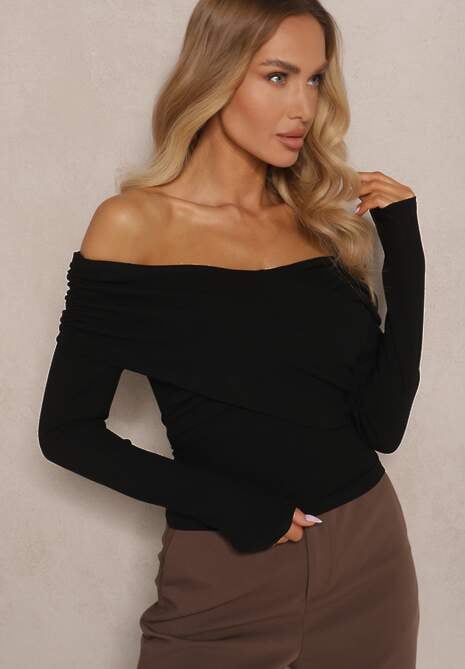 Czarna Bluzka z Wiskozą z Hiszpańskim Dekoltem Amodara