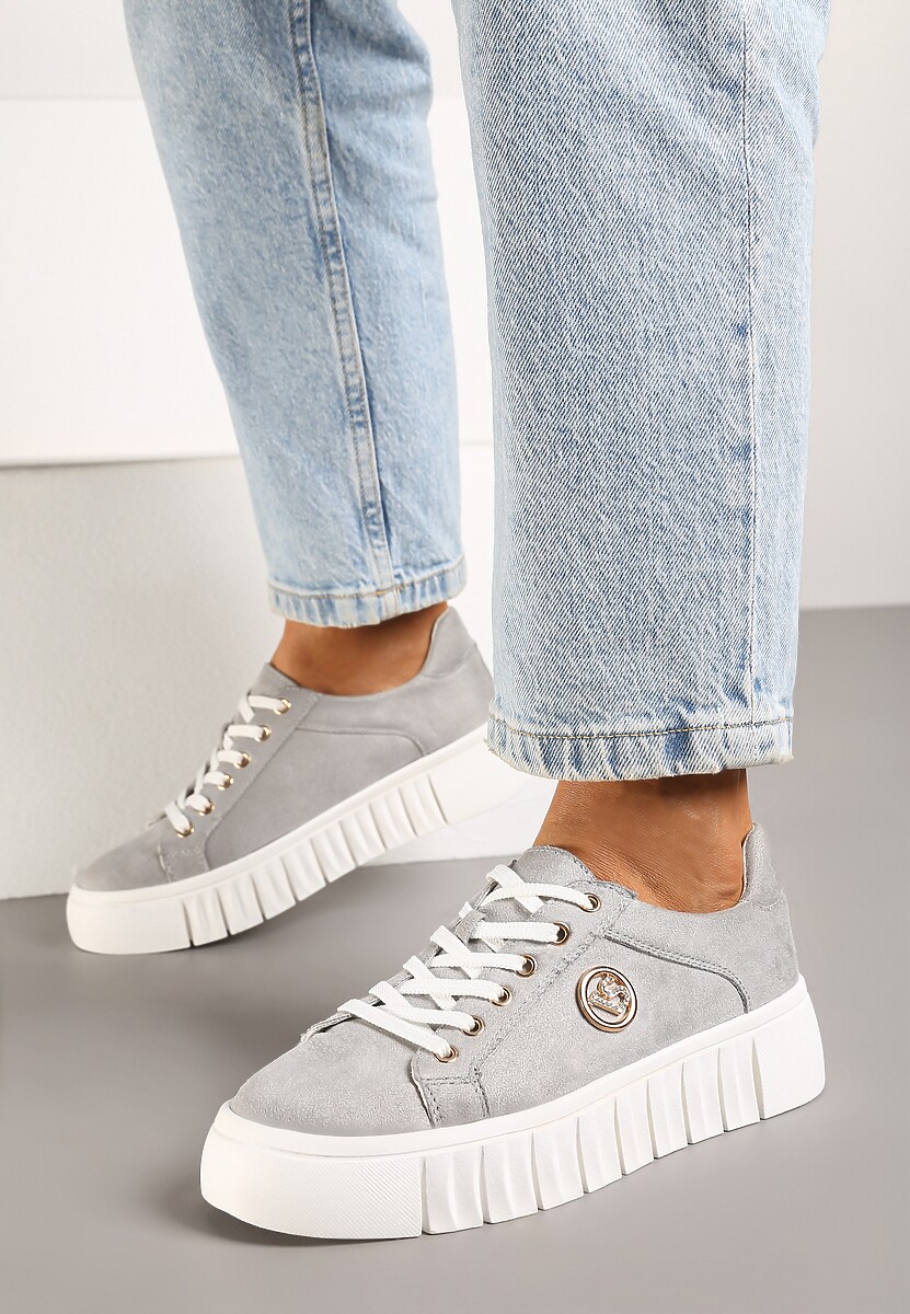 Szare Sznurowane Sneakersy Vices na Platformie z Tłoczeniem i Metaliczną Aplikacją Lavfedi