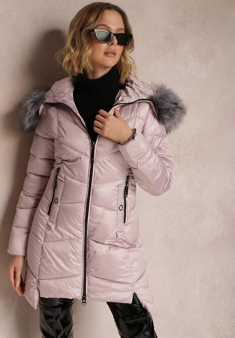 Różowa Kurtka Pikowana z Kapturem z Futerkiem Eldora