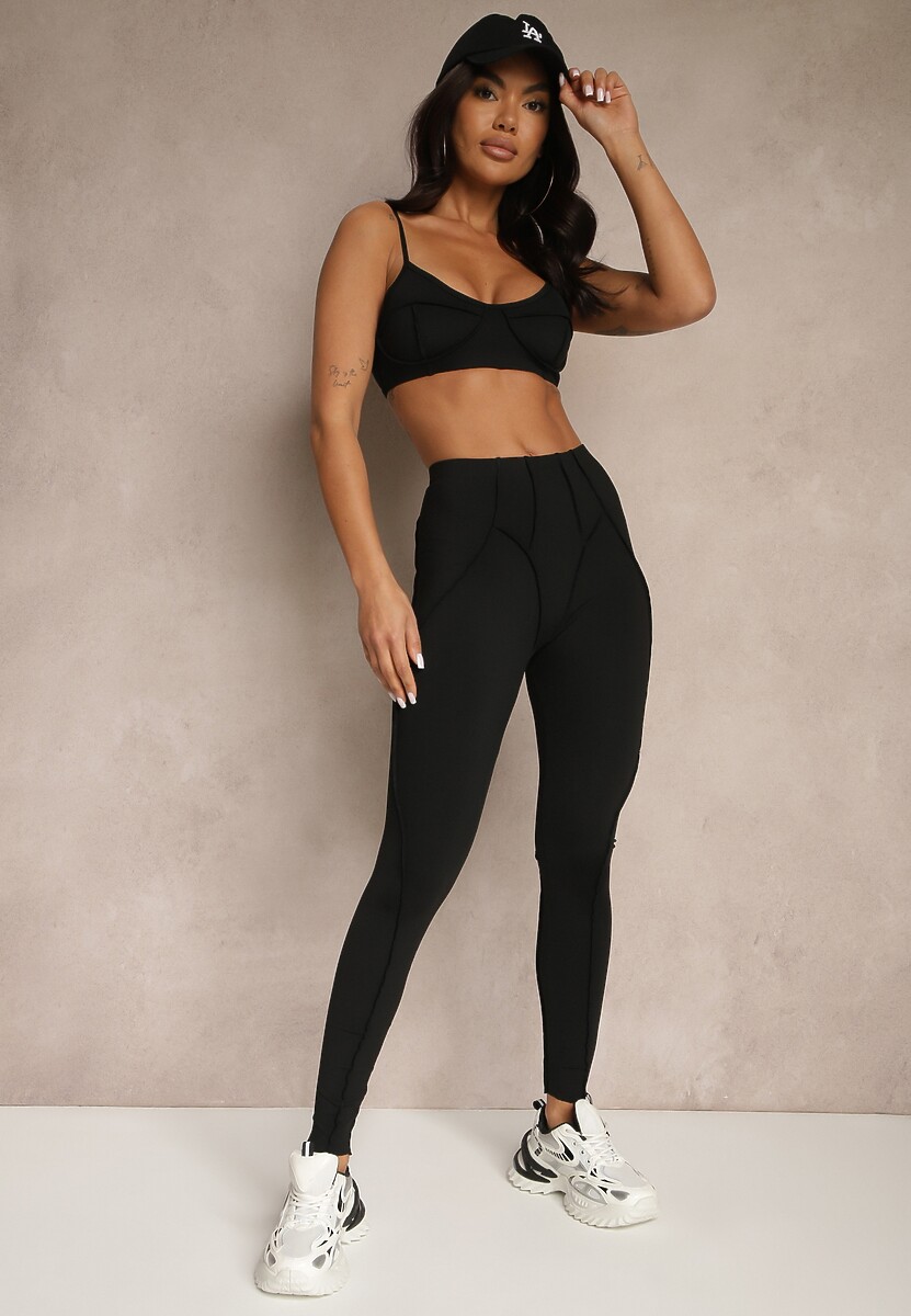 Jasnoróżowy Komplet Sportowy Zdobiony Przeszyciami Legginsy i Top Filaranea