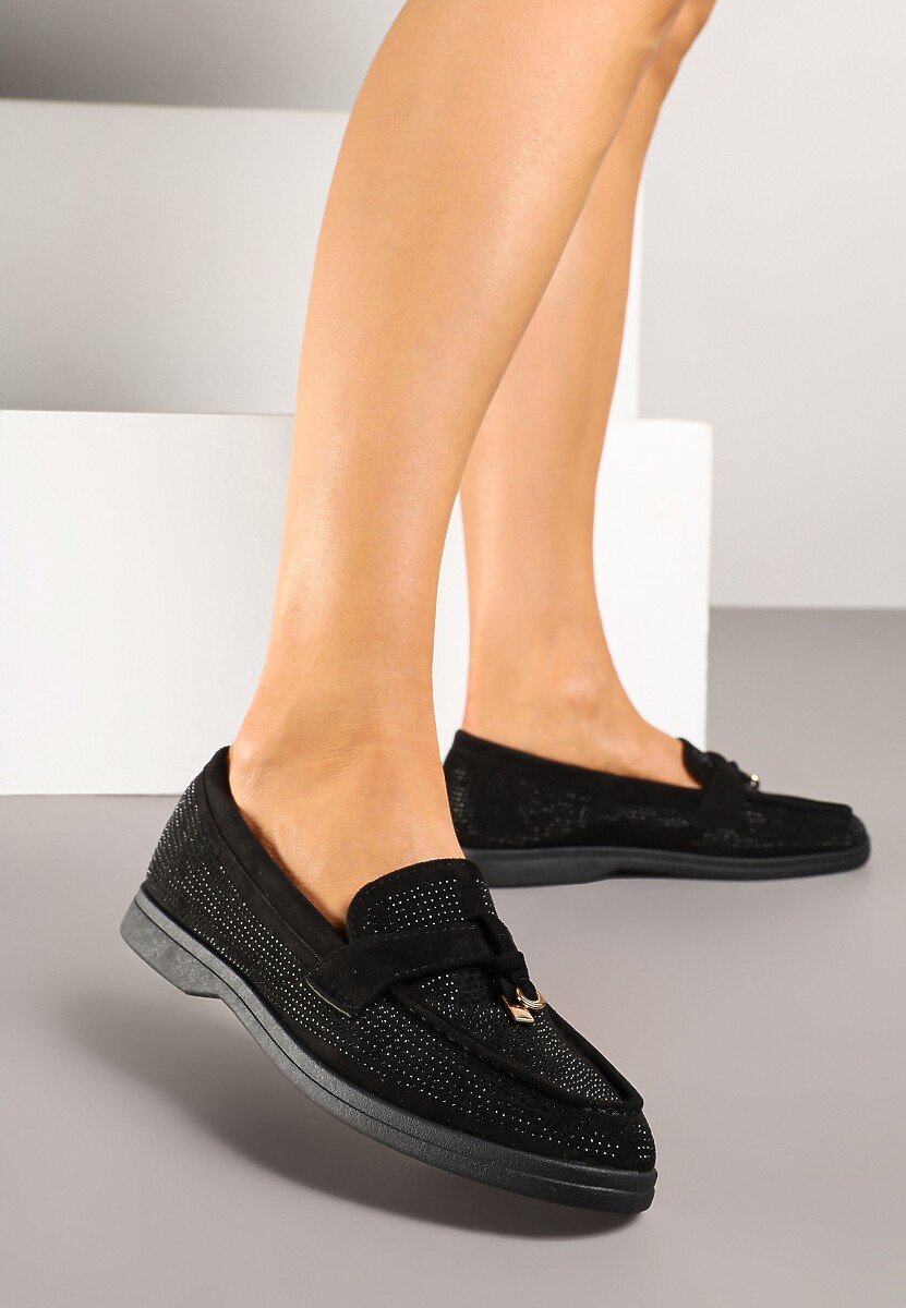 Czarne Mokasyny z Cholewką z Cyrkoniami Zdobione Aplikacją Tenurea