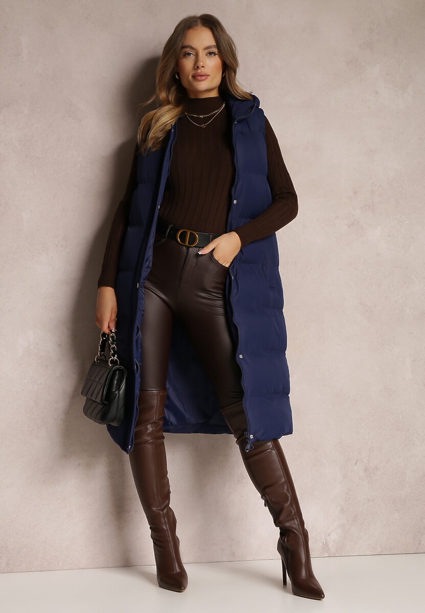 Granatowa Kamizelka Długa z Kapturem Pikowana Mellyn