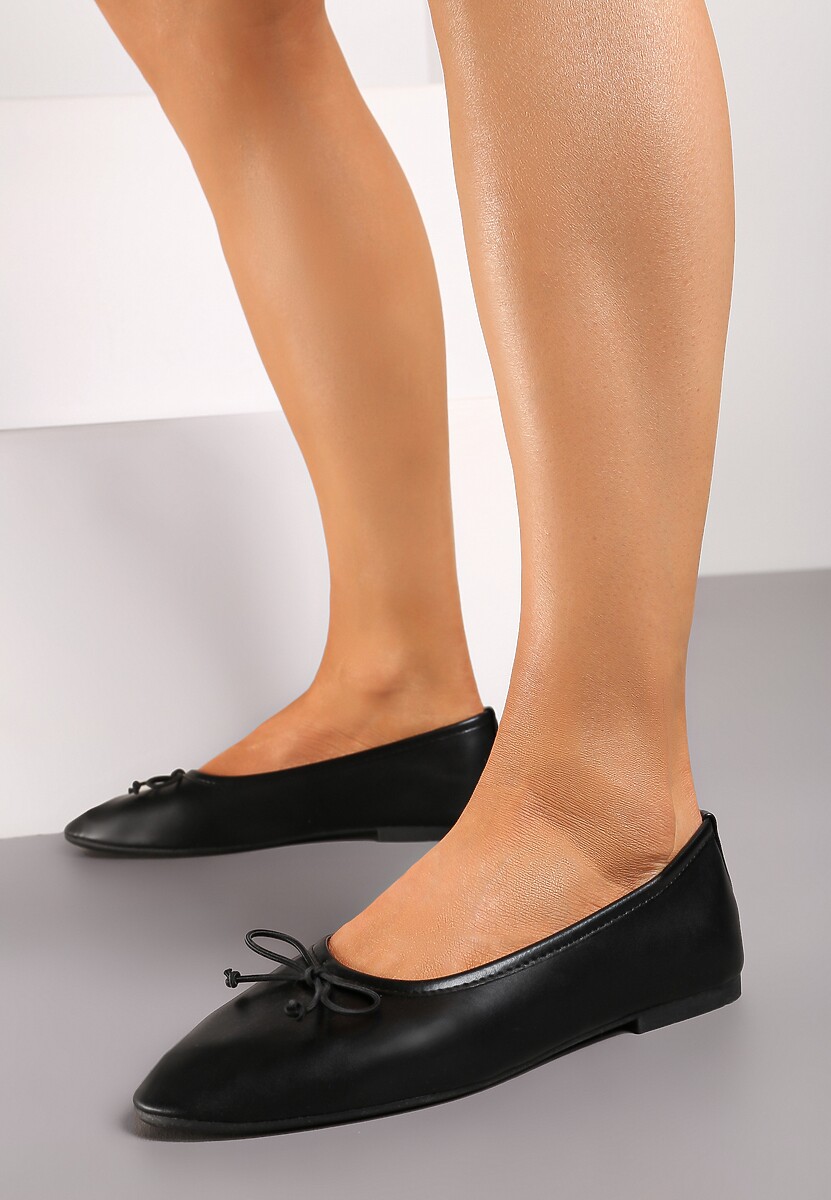 Czarne Casualowe Balerinki na Płaskiej Podeszwie Ozdobione z Przodu Kokardką Ozana