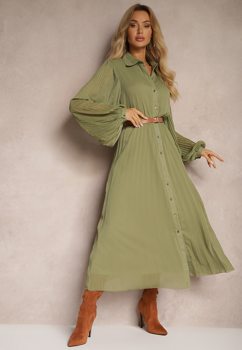 Zielona Koszulowa Sukienka z Plisami i Dodatkowym Paskiem Miarosea