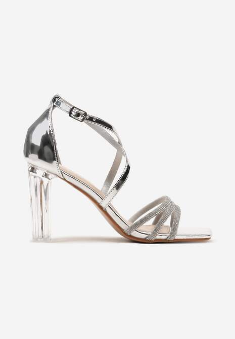 Srebrne Sandały na Transparentnym Słupku z Cyrkoniami Zapinane przy Kostce Tesaie