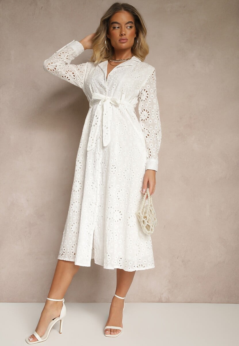 Biała Ażurowa Sukienka Koszulowa Ozdobiona Paskiem Tananilia