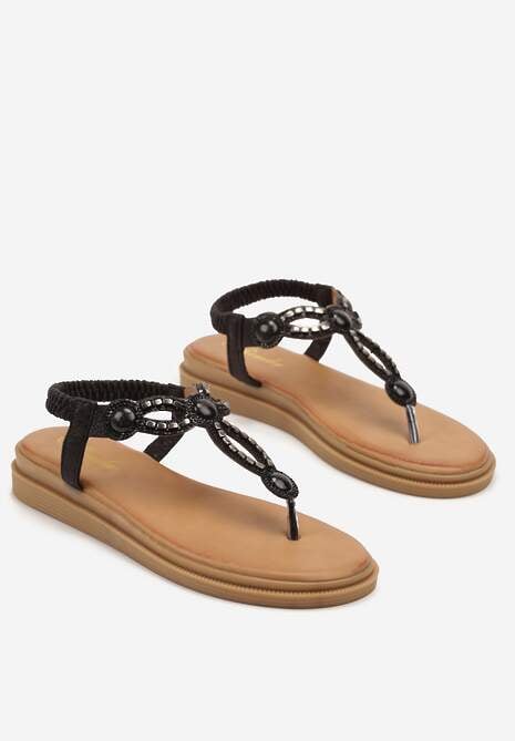 Czarne Sandały w Typie Japonek z Biżuteryjnymi Zdobieniami Divira