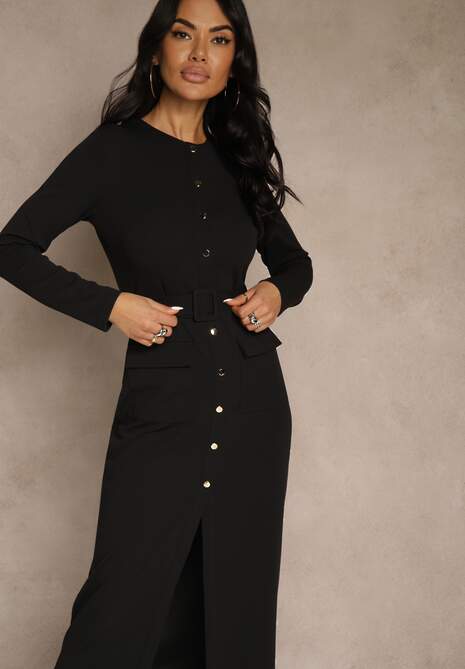 Czarna Koszulowa Sukienka z Wiskozą Ozdobiona Paskiem i Guzikami Vetionna