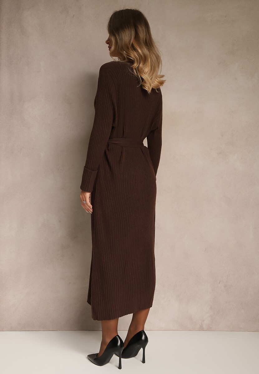 Brązowa Prążkowana Sukienka Dzianinowa z Domieszką Wełny Zapinana na Guziki Nalemma