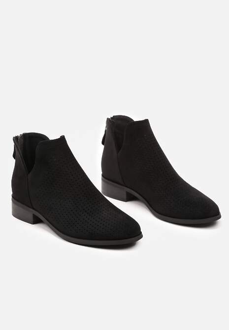Czarne Botki Sztyblety z Ażurową Cholewką z Wycięciami i Suwakiem ze Skórzaną Wkładką Janetris