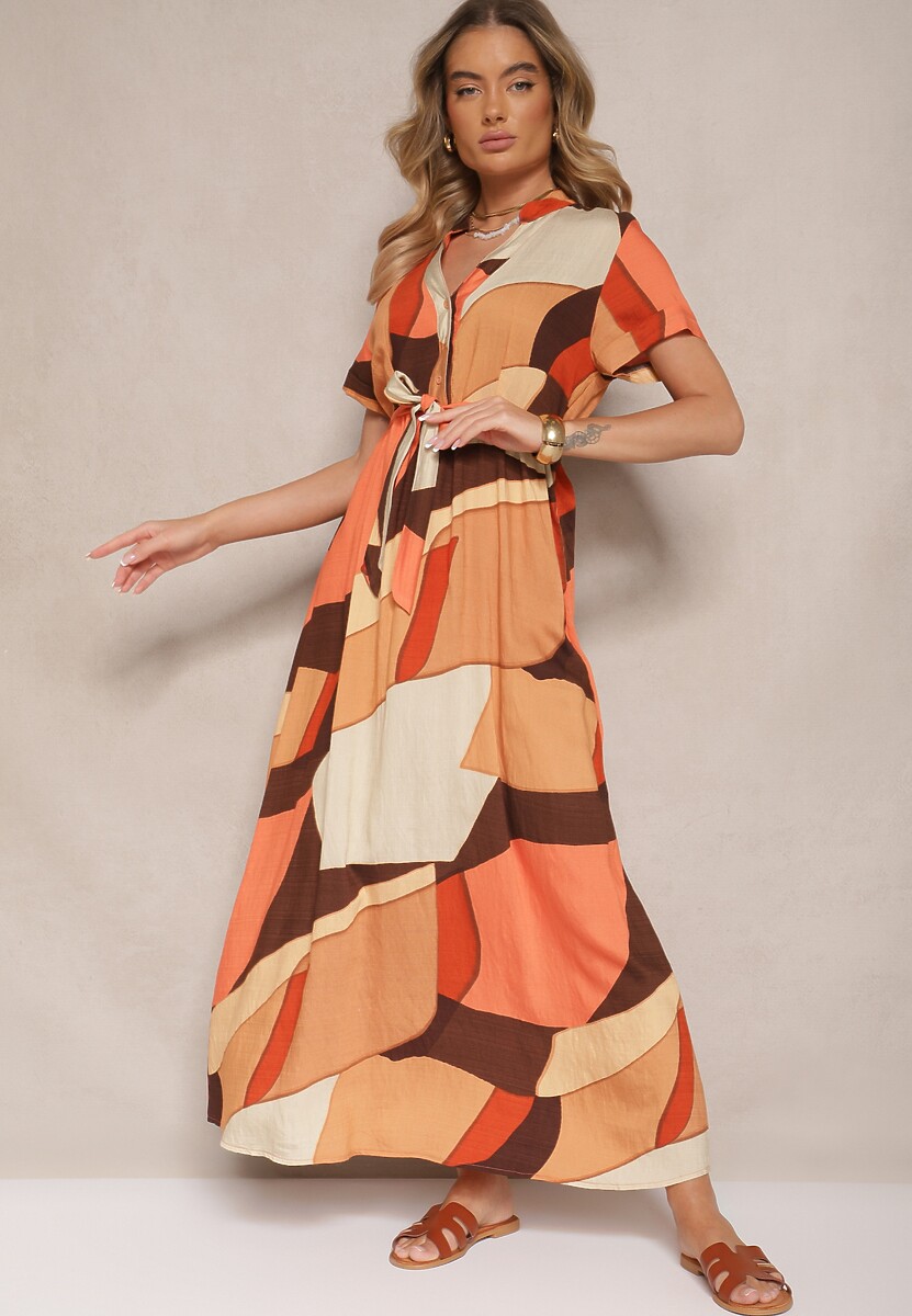 Jasnobrązowa Wiskozowa Sukienka Koszulowa z Paskiem w Geometryczny Print Falintia