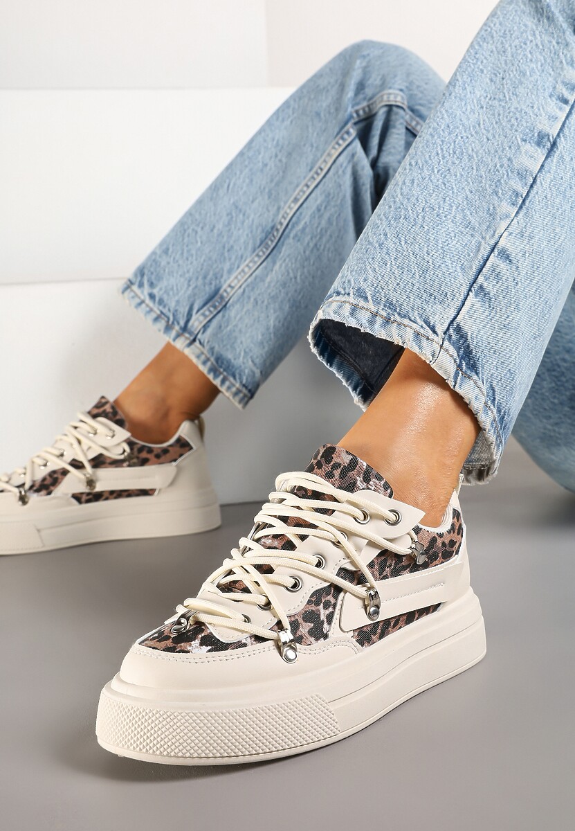 Beżowe Sneakersy ze Wzorem w Panterkę Doridi