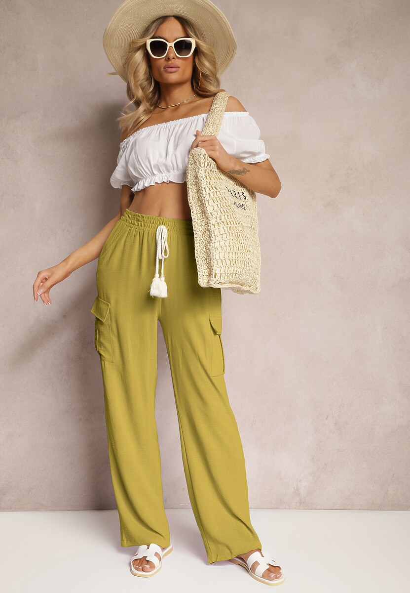 Jasnozielone Spodnie Palazzo z Szerokimi Nogawkami z Gumką w Talii i Kieszeniami z Klapami Weva