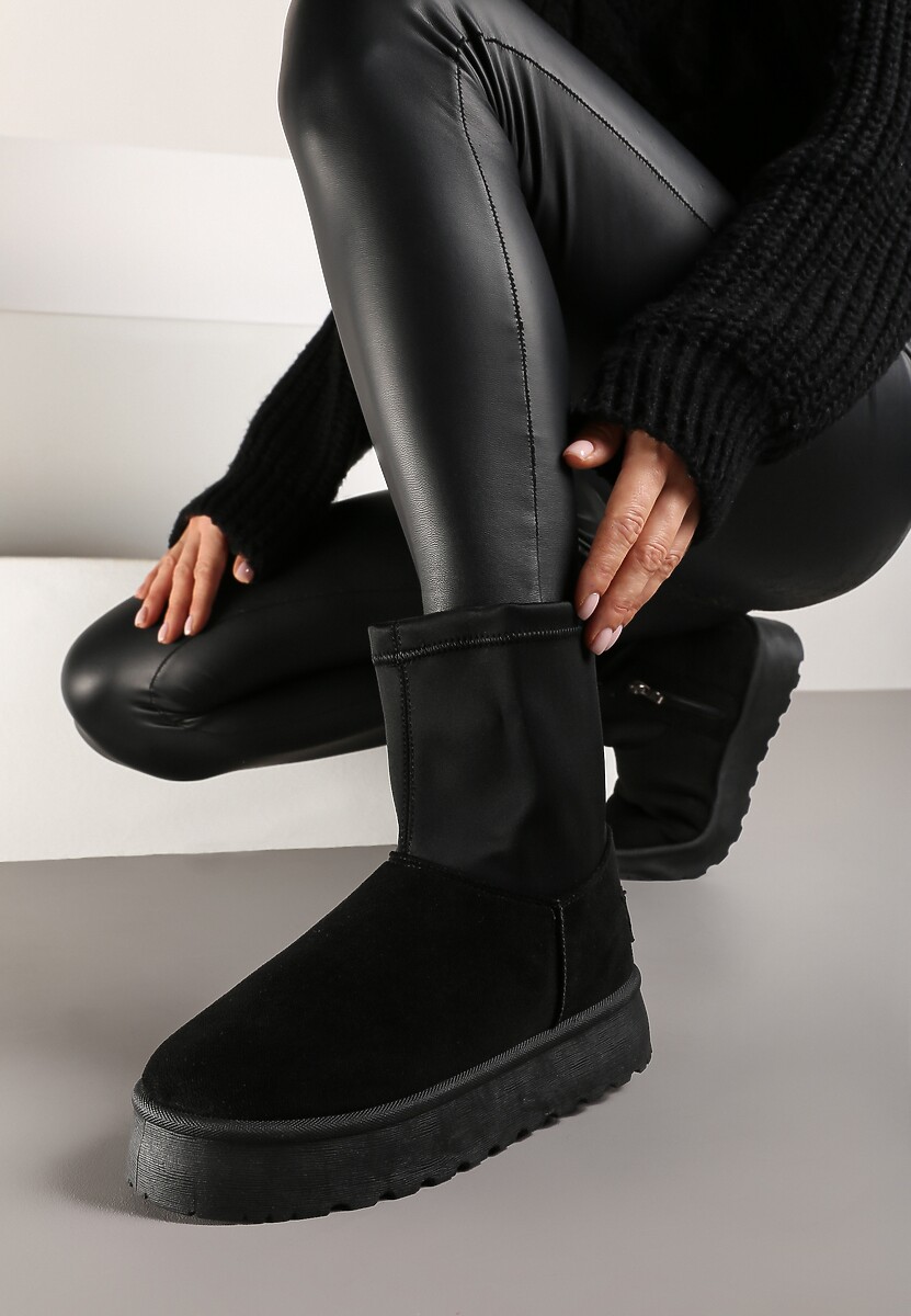 Czarne Płaskie Ocieplane Śniegowce z Elastyczną Cholewką Sevidia