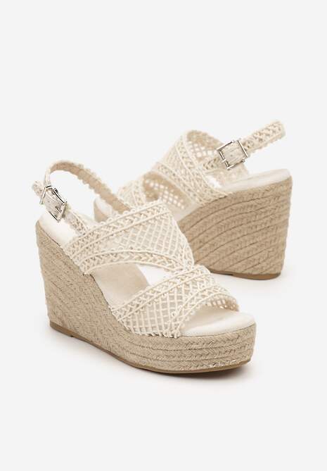 Beżowe Ażurowe Sandały na Plecionym Koturnie Rivanique