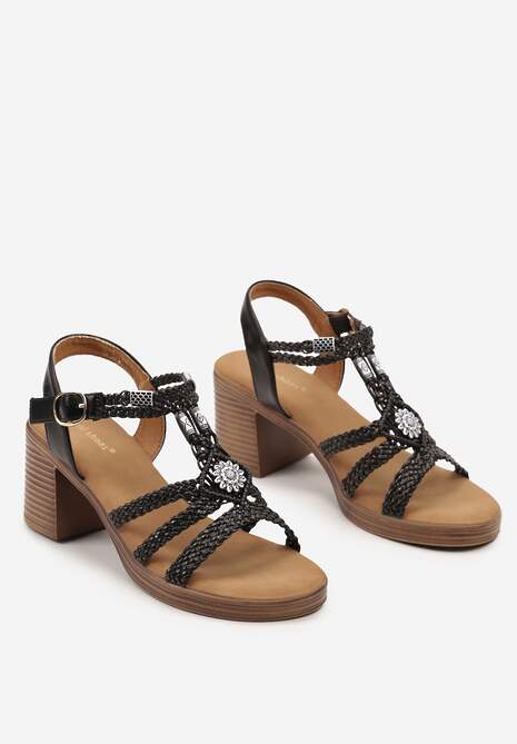 Czarne Sandały na Obcasie Ozdobione Plecionką i Kryształkami Kylamoon