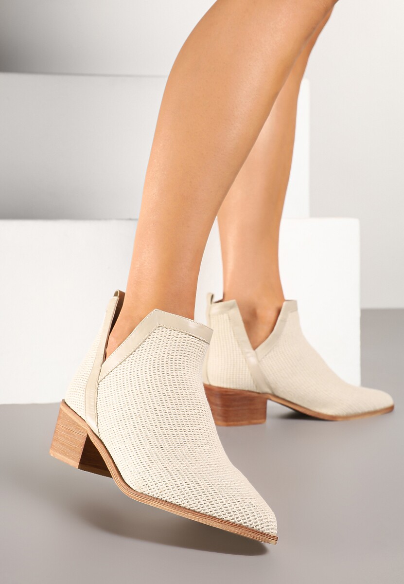 Beżowe Botki na Słupku Ozdobione Plecionką Farenia