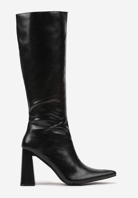 Czarne Kozaki na Słupku Ozdobione Szpiczastym Noskiem Lerelia