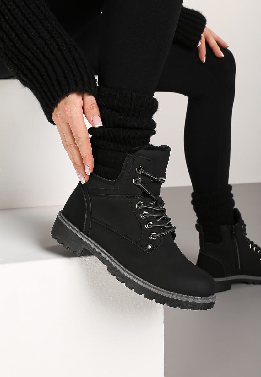 Czarne Sznurowane Casualowe Traperki na Płaskiej Podeszwie Relobia