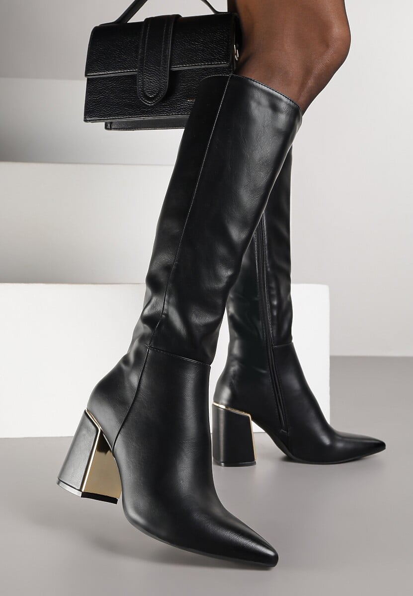 Beżowe Eleganckie Kozaki na Słupkowym Obcasie z Aplikacją i Noskiem w Szpic Noellame