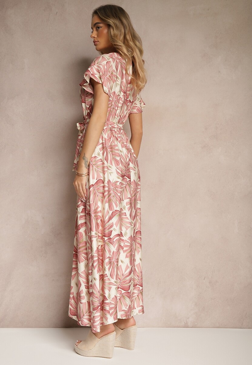 Różowa Sukienka w Listki z Elastyczną Gumką w Talii i Wiązanym Paskiem Jaliren