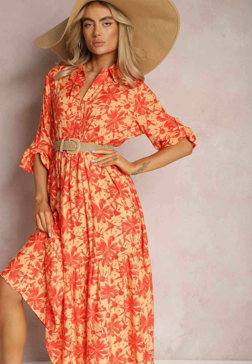 Pomarańczowa Rozkoszowana Sukienka z Koszulową Górą i Wzorem w Kwiaty Nealavin