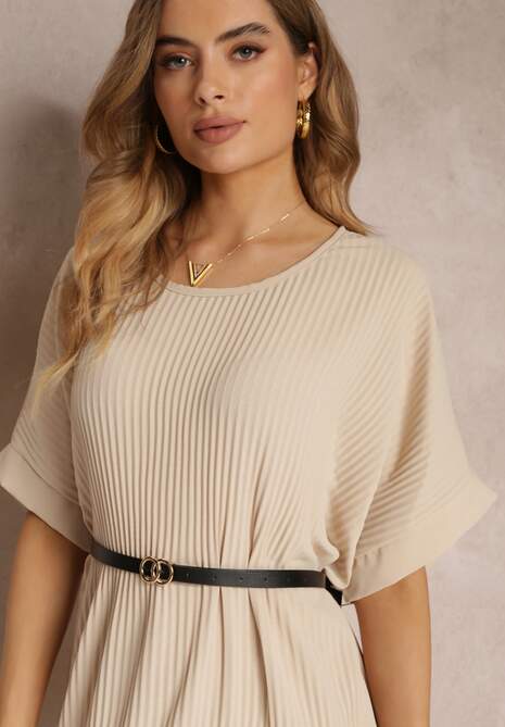 Beżowa Sukienka Mini Plisowana z Paskiem z Imitacji Skóry Dasima